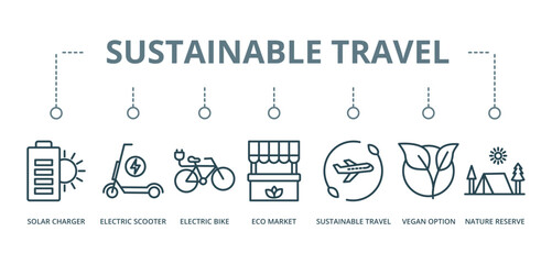 Sustainable Travel concept banner with icon of solar charger, electric scooter, eco market, sustainable travel, vegan option, and nature reserve





