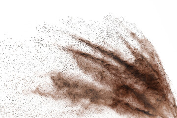Fototapeta na wymiar abstract brown powder splatted background,Freeze motion of color powder exploding and throwing color powder, color texture on white background