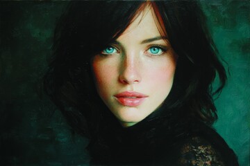 Portrait of a woman with striking blue eyes and dark hair against a deep green background in a studio setting