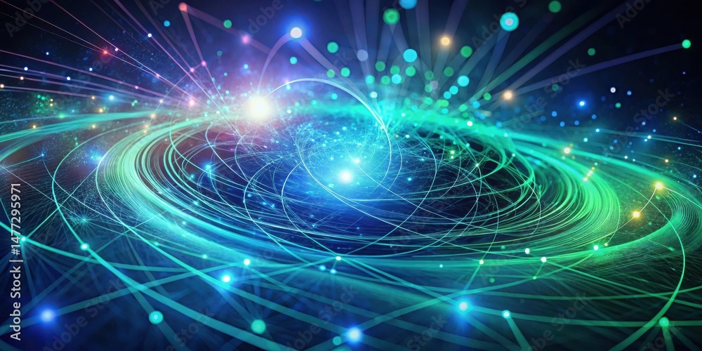 Poster abstract swirling network of interconnected nodes and glowing lines representing digital connectivit