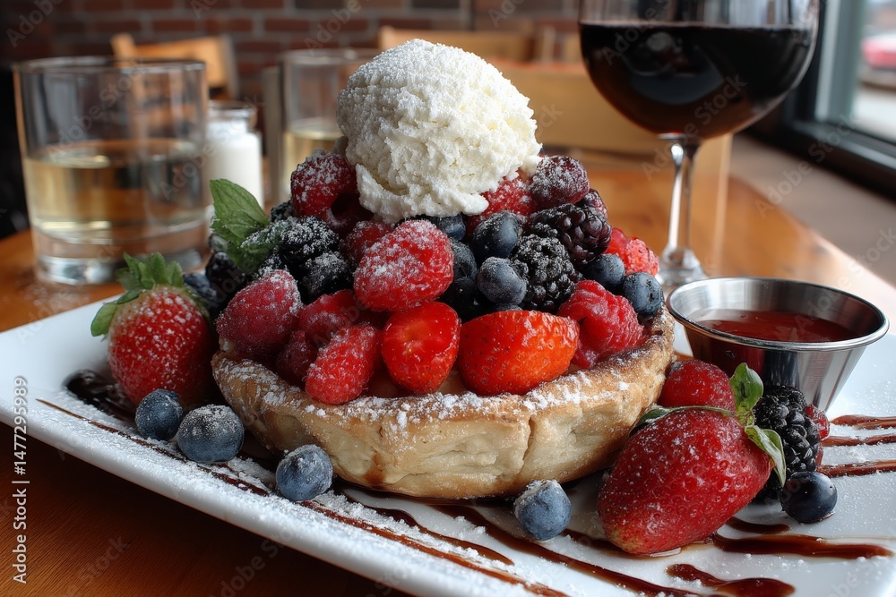 Aufkleber fresh fruit dessert served in a pastry shell with whipped cream and chocolate drizzle in a cozy rest