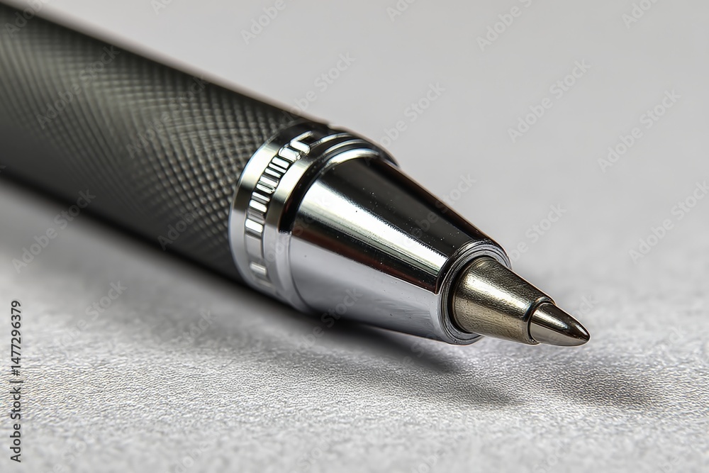 Poster close-up view of a sleek, silver ballpoint pen resting on a textured surface during bright daylight 