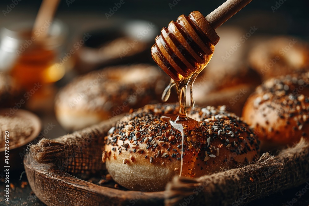 Poster honey drizzles over freshly baked bagels topped with seeds and spices in a rustic kitchen setting