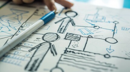 Stick Figure Analyzing a Problem: A stick figure next to a flowchart, analyzing the different parts of a complex problem to better understand the situation and identify a solution.

