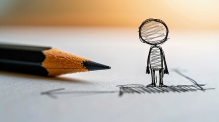 Stick Figure Conceptualizing: A stick figure with a pencil, drawing on paper to visualize and explore ideas, bringing abstract thoughts into tangible, creative concepts.
