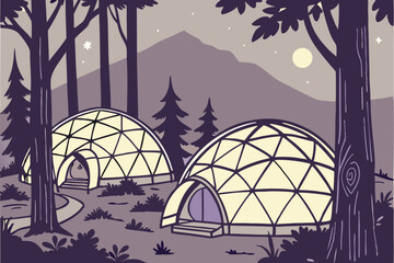 152 dome shaped tents, glowing lanterns, night outdoor camping scene, forest landscape, moody lighting, warm atmosphere, dreamlike, ethereal, cinematic