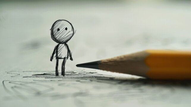 Stick Figure Conceptualizing: A stick figure sketching a concept with a pencil, visualizing and developing ideas on paper, turning thoughts into a clear, creative form.
