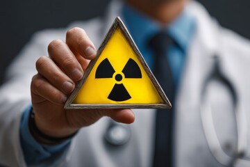 Medical professional holds a radiation warning sign while demonstrating safety protocols in a clinical setting