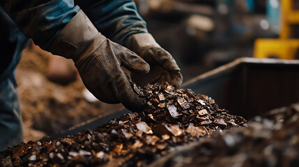 Naklejka premium Worker Handling Shards of Metal in Industrial Setting