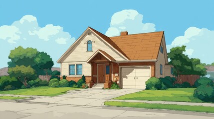 A charming suburban house, light beige with a terracotta roof, sits on a neatly landscaped lawn, with lush green shrubs and trees.  A driveway leads to an attached garage. Sunny day
