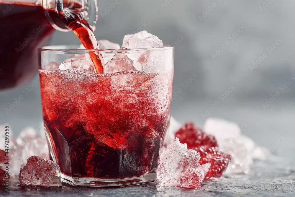 Poster Refreshing beverage served over ice with a splash of color in a casual setting