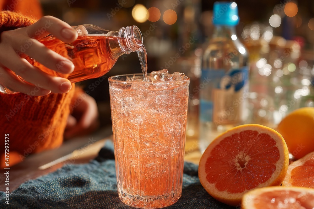 Poster crafting a refreshing pink drink with citrus and sparkling water at a cozy bar in the evening