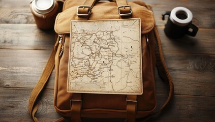 Travel backpack with vintage map attached.  Wooden table with travel accessories