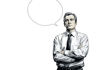 A manager stands with a thoughtful expression, arms crossed, looking lost in thought. It's a challenging day at work, and the atmosphere in the office reflects their pensive mood.