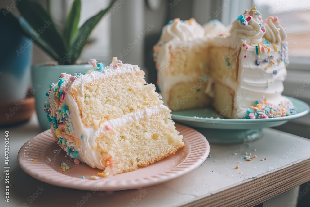 Poster delicious layered vanilla cake with colorful sprinkles on display beside a slice on a pink plate at 