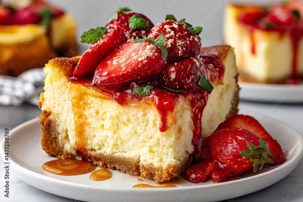 Aufkleber delicious slice of creamy cheesecake topped with fresh strawberries and raspberry sauce served in a 