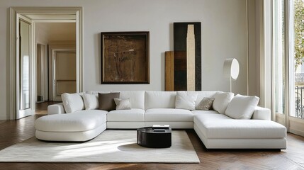 White sectional sofa on herringbone wooden floor, chic and airy interior