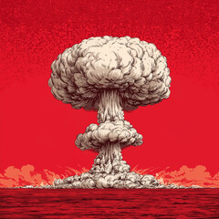 An explosive mushroom cloud rises dramatically in a comic art design. The vibrant red background enhances the intensity of the scene, conveying a sense of urgency and chaos from an explosion.