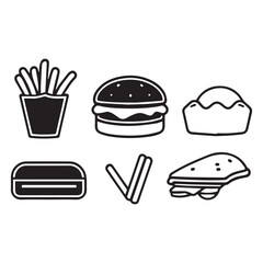 Black and White Fast Food Icons Isolated on Transparent PNG Background Ideal for Food Menu Designs or Restaurant Branding