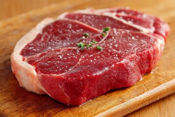 Juicy steak on wooden cutting board with fresh herbs and coarse salt ready for grilling in the kitchen