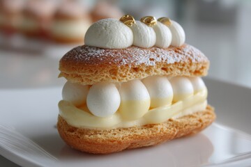 Exquisite dessert showcasing layers of cream and meringue on a plated dessert