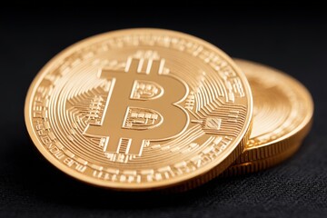 Golden Bitcoin coins displayed on a dark background symbolizing cryptocurrency investment and digital finance trends representing modern economic transformation and innovative wealth storage