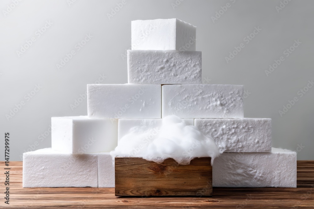 Aufkleber stacked white cubes with foam on a wooden surface in a minimalist setting