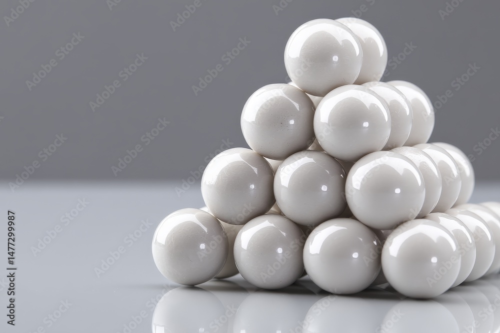 Poster pyramid structure made of white spheres arranged on a gray surface with soft lighting