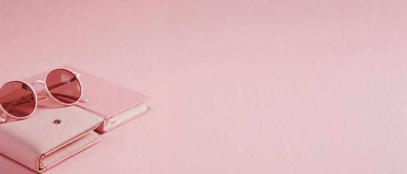 pink leather notebooks, round sunglasses on pink pastel background. Feminine and girly stylish setup, lifestyle, stationery, fashion branding, creative journal themes.
