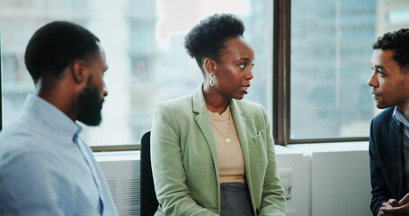 Teamwork, talking and planning with business people in meeting for financial advisor, client...