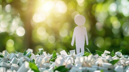 Stick Figure Recycling Paper: A stick figure shredding paper to recycle, supporting sustainable paper use and reducing the environmental impact of deforestation.
