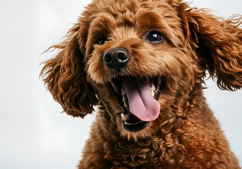 Fototapeta premium Smiling Poodle Portrait Joyful Brown Dogs Happy Expression on White.