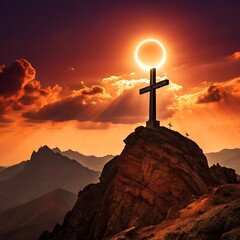 A large cross stands on mountain peak with sunset
