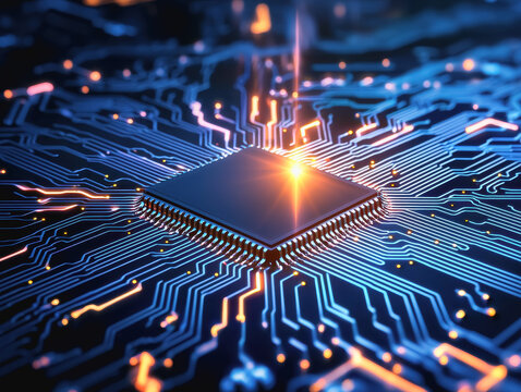 Intricate circuit board design featuring a glowing chip illuminating technology and innovation for digital platforms