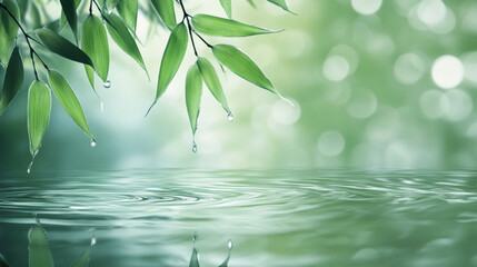 Obraz premium Bamboo leaf glistens with dew, reflecting peaceful serenity