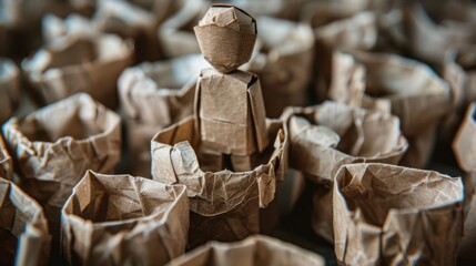 Stick Figure Using Biodegradable Packaging: A stick figure choosing biodegradable packaging, reducing plastic waste and its negative impact on the environment, including landfills and oceans.
