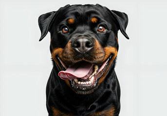 Fototapeta premium Happy Rottweiler Portrait of a Smiling Dog Against White Backdrop.