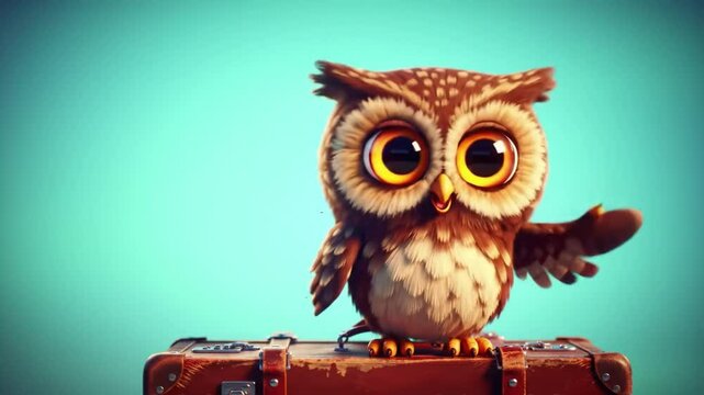 Cute animated owl waves goodbye while perched on a vintage suitcase against a bright blue background