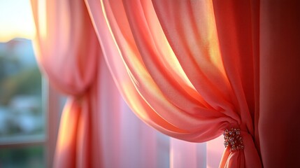 Naklejka premium Sunlight streams through sheer coral curtains tied back with decorative beads.