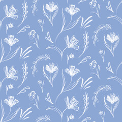 Hand drawn blue cornflower seamless patterns with organic nature shapes for fabric, textiles, clothing, wallpaper, cover, banner, home decor, florals backgrounds.