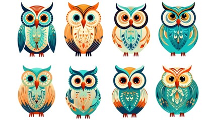 Fototapeta premium Collection of Stylized Cartoon Ornate Funny Owls for Design Projects