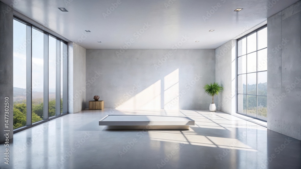 Aufkleber sunlit minimalist room with expansive windows and polished concrete floor featuring a low platform