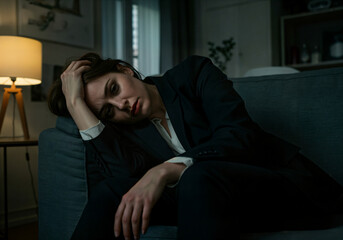 Fototapeta premium Exhausted woman in suit leans on sofa Dark home interior backdrop.