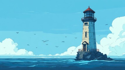 A solitary lighthouse stands on a rocky outcrop amidst a serene ocean scene under a bright blue sky dotted with fluffy clouds and seabirds