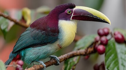 Colorful toucan on coffee plant