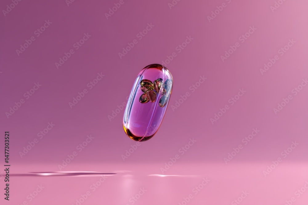 Poster Colorful capsule with butterfly inside floats in pink background creating a surreal and vibrant visual experience