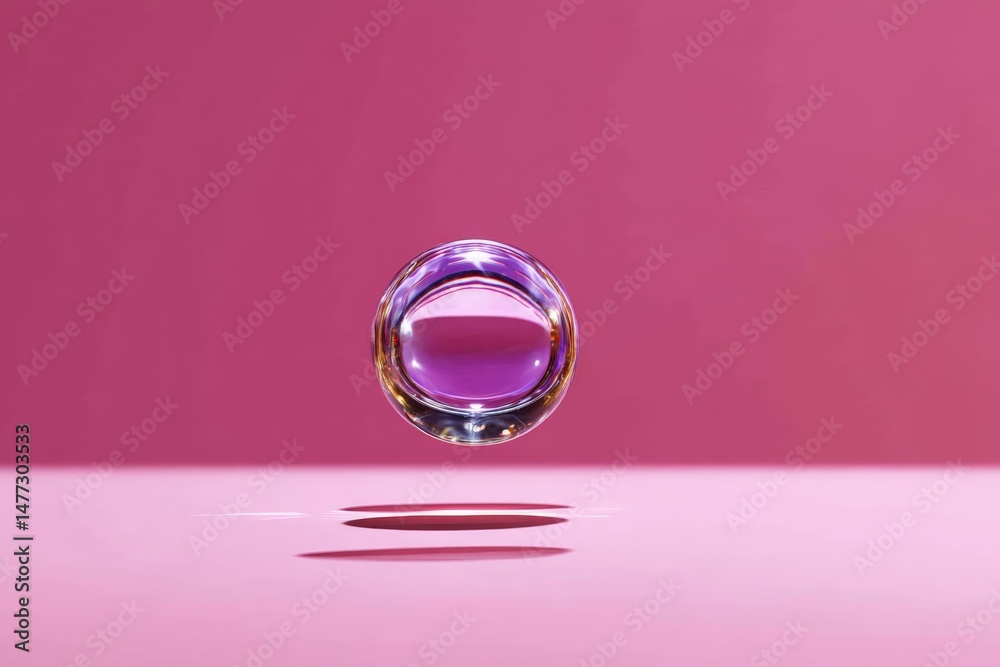 Poster transparent sphere with purple liquid floats above pink background, creating a captivating illusion 