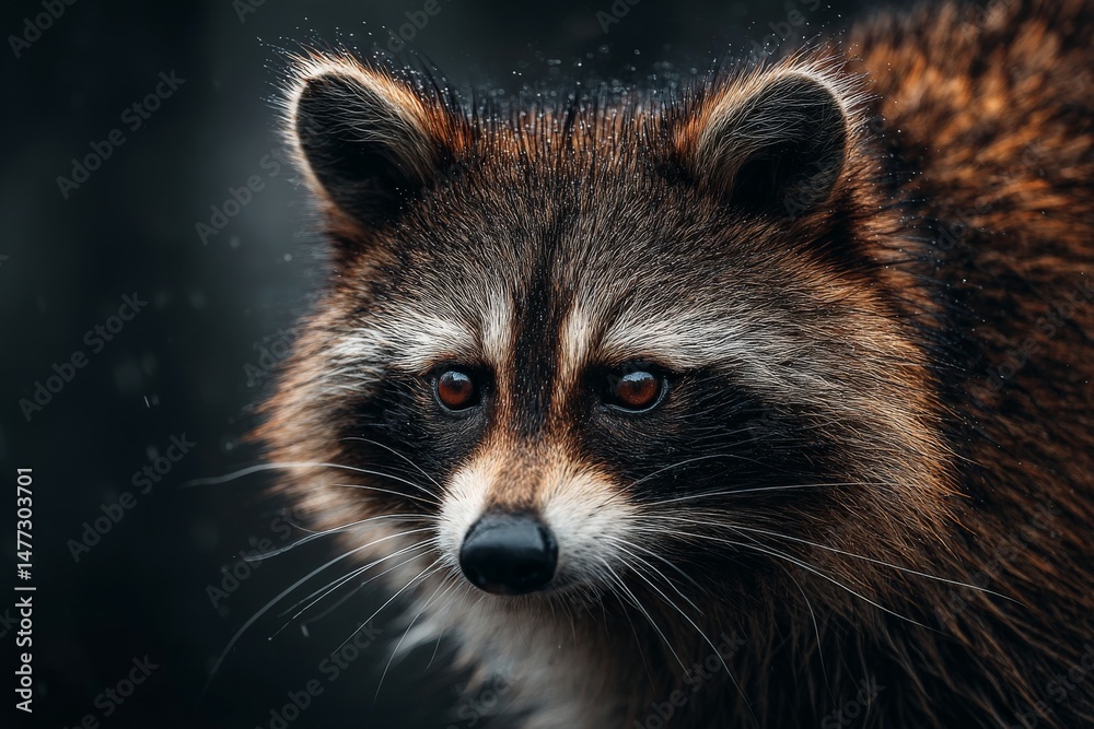 Poster Close-up view of a raccoon in a natural setting during the evening light with a focus on its expressive features