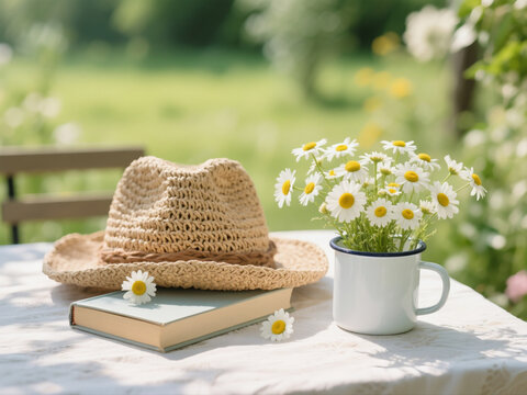 summer nature background. chamomile flowers in white mug, book, braided hat or straw hat on table in garden. summer season. rustic composition with flowers. relax time.