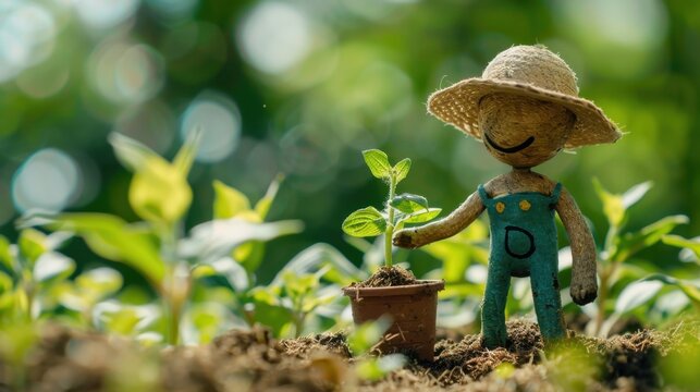 Stick Figure Fertilizing Soil: A stick figure spreading fertilizer on the soil, enhancing soil fertility and ensuring better growth and higher yields for the crops.
